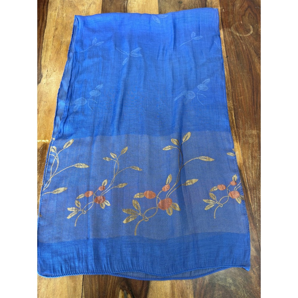 Silk floral scarf womens 32"x30" blue embroidered botanical sheer glam wrap